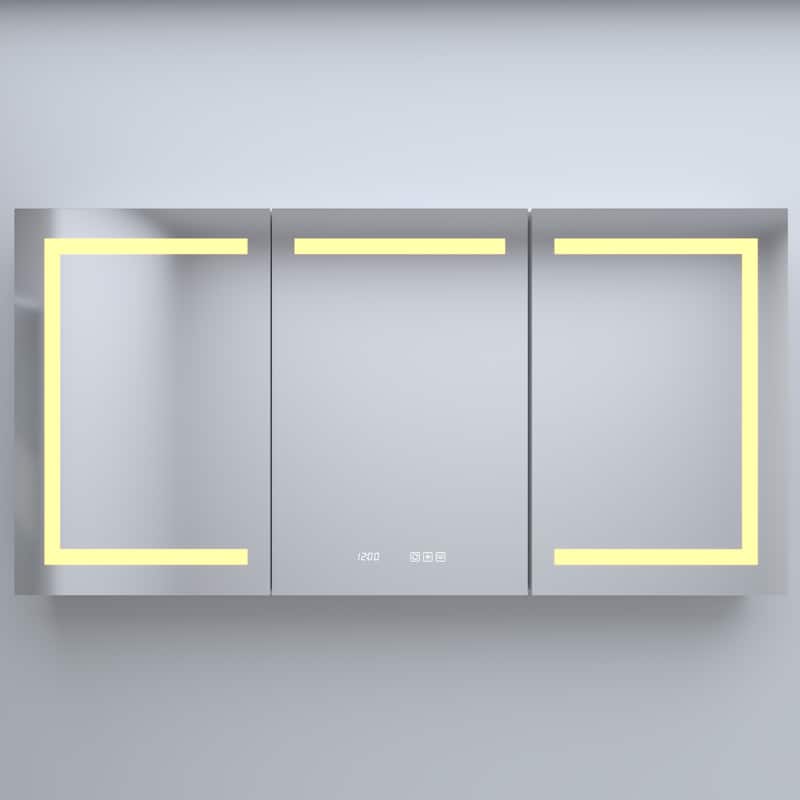 GDFStudio - Delmar Modern Aluminum LED Lighted Medicine Cabinet with Mirror Anti Fog and Digital Clock