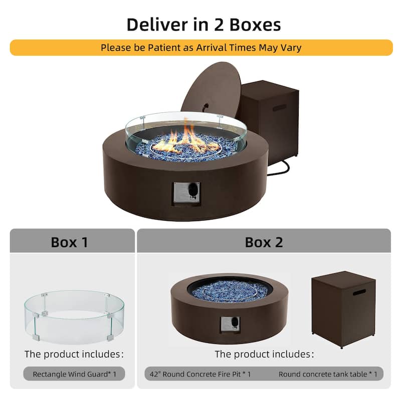 Patio Watcher Outdoor 42in. Iron Fire Pit Table with Propane Tank Cover and Glass Wind Guard