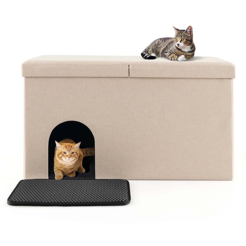 Costway Cat Litter Box Enclosure Hidden Furniture Cat Washroom Shoe - See Details - Beige
