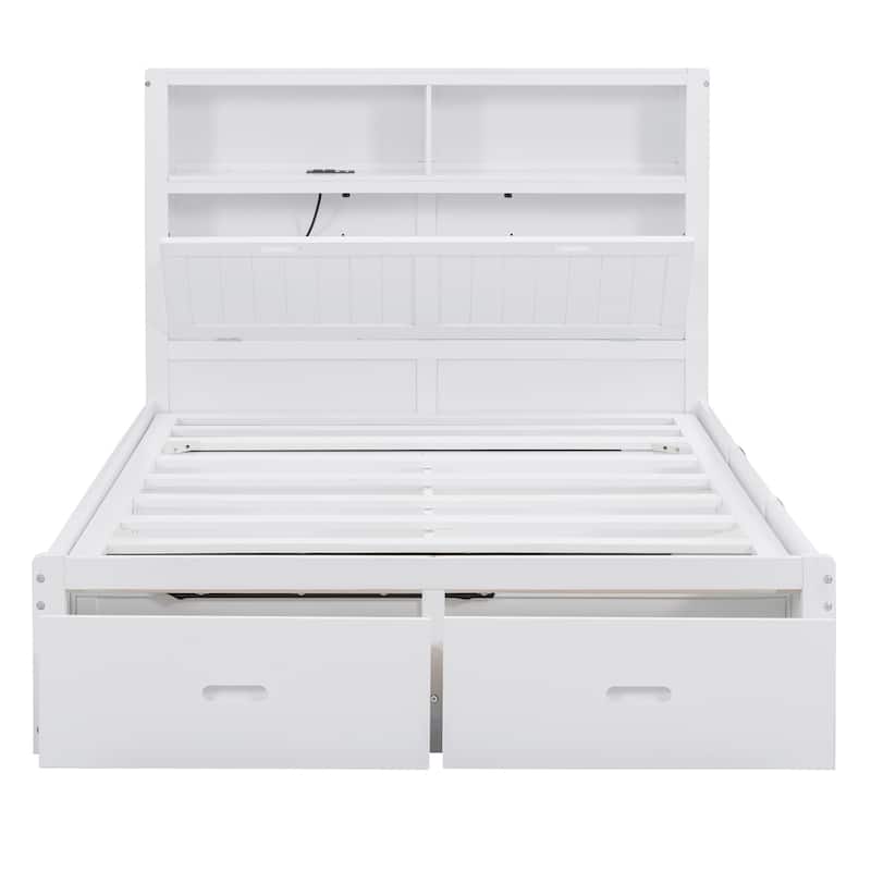 White Full Size Wooden Platform Bed with Storage LED Headboard, Charging Station and 2 Drawers