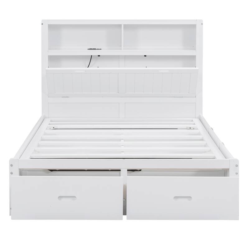 Wooden Bed with LED Headboard, Charging Station, 2 Drawers