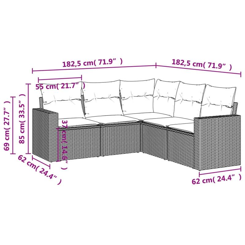 vidaXL Patio Sofa Set with Cushions Outdoor Conversation Furniture Poly Rattan - 25.8" x 24.4" x 27.2"