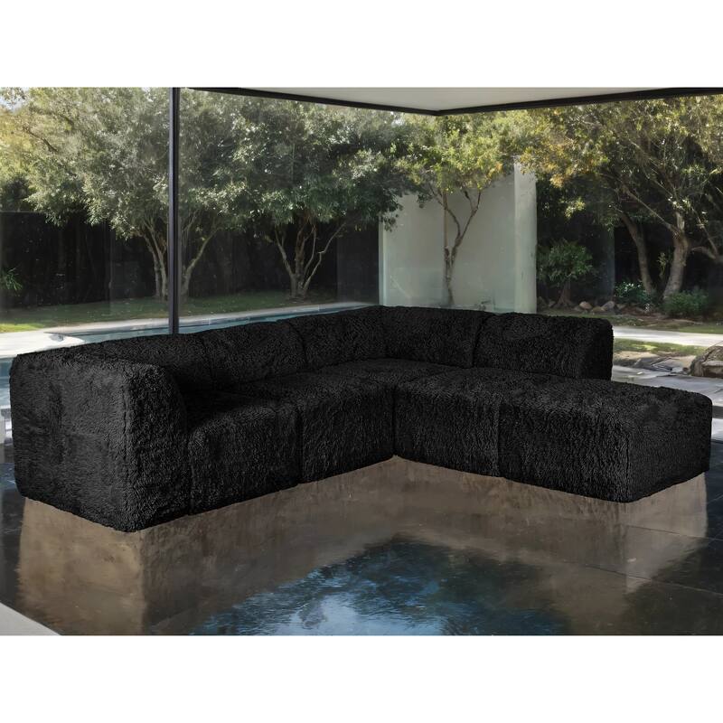 Furniture of America Ylena Modern 5-Piece Faux Fur Foam Modular Compressed Sectional Sofa with Ottoman - Black
