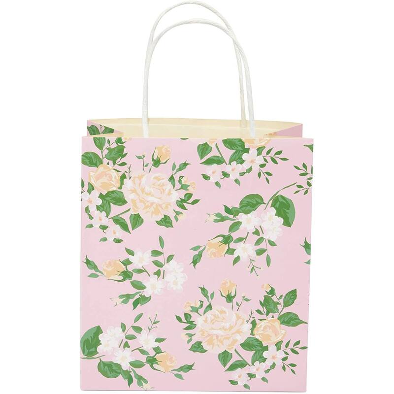 Blue Panda Small Floral Kraft Gift Bags with Handles in 4 Colors (8 x 9 x 4 in, 12 Pack)