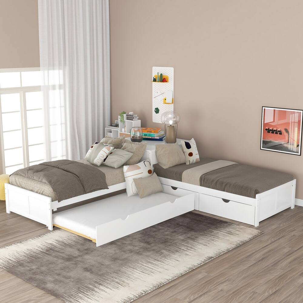Modern Twin Size L-shaped Bed with Trundle and Drawers