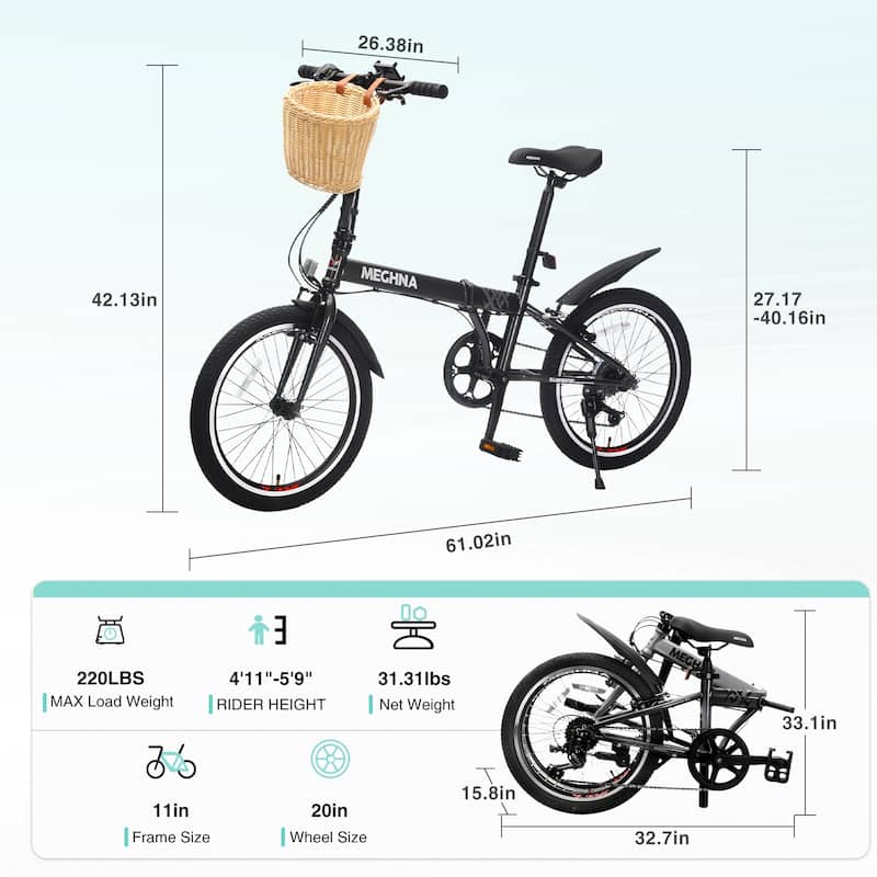 20 Inch Folding Bike for Adults with Basket,Phone Holder & Fenders,Steel Frame 6-Speed City Commuter, Dual V-Brake Portable