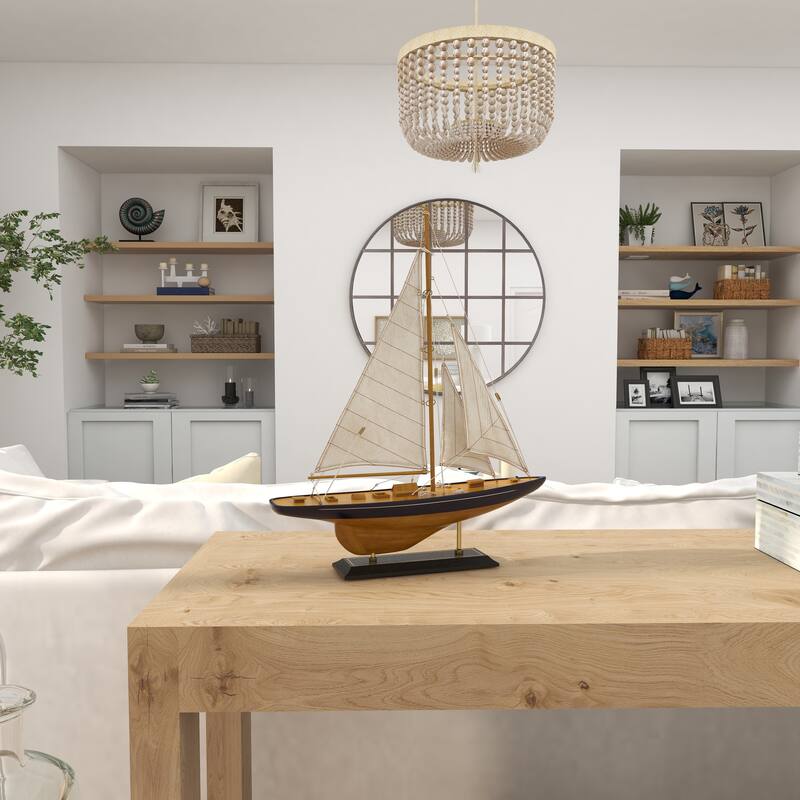 Brown Wood Sail Boat Decorative Sculpture with Beige and Navy Accents and Lifelike Rigging