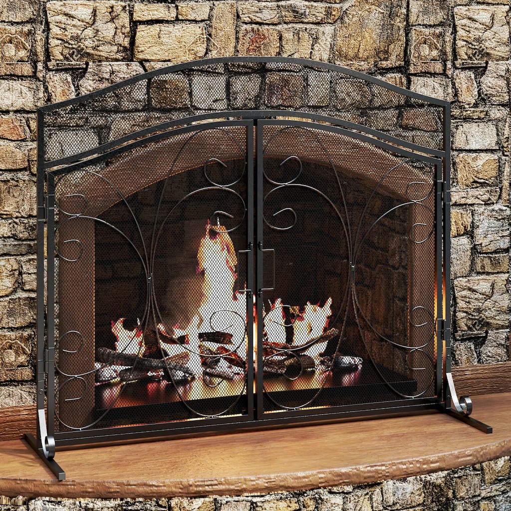 Classic Black Wrought Iron Fireplace Screen with Arched Double Doors, Decorative Mesh Fire Guard for Indoor Home Hearth Safety