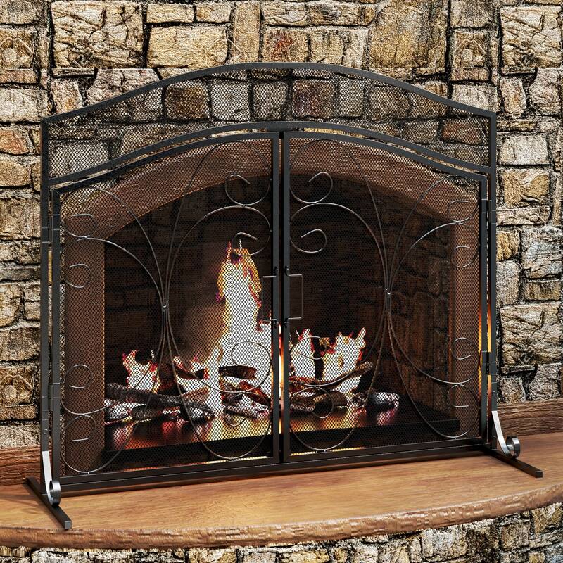 Classic Black Wrought Iron Fireplace Screen with Arched Double Doors, Decorative Mesh Fire Guard for Indoor Home Hearth Safety