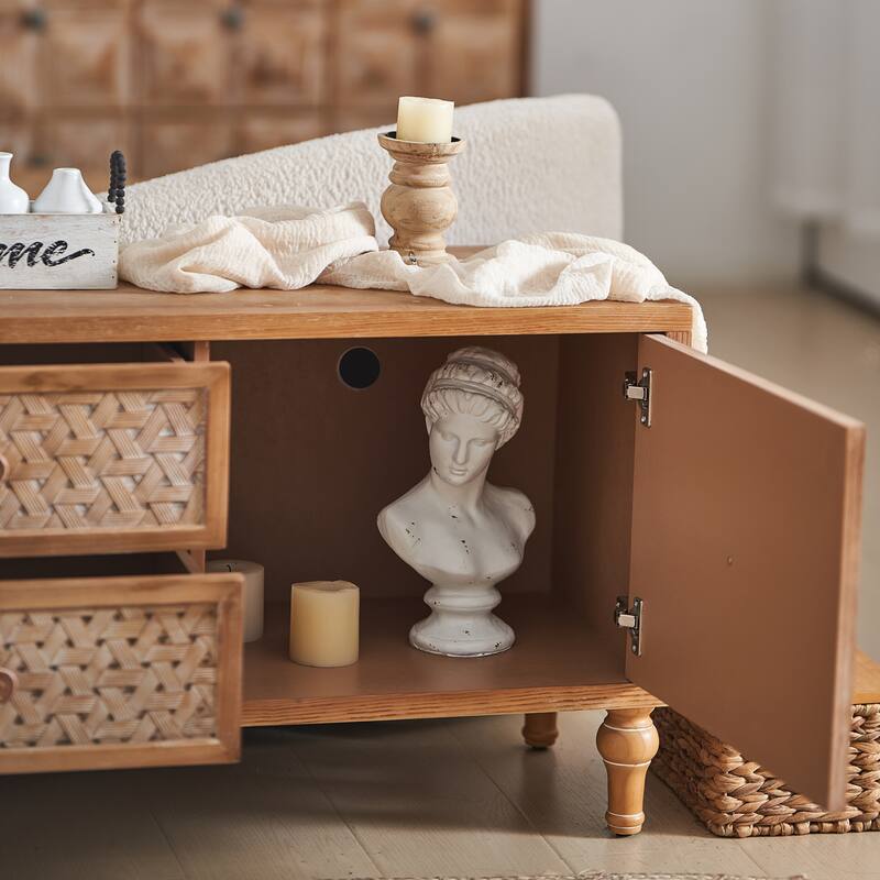 Boho Rattan TV Stand with Drawers, Wooden Media Cabinet TV Console Entertainment Center for TVs 55 60 65 Inches