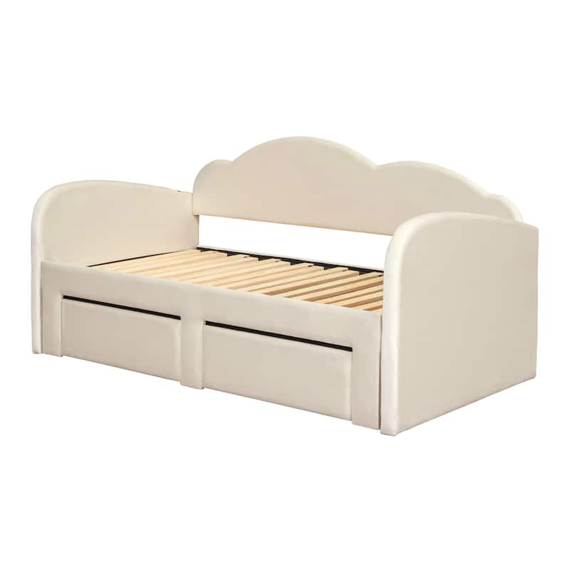 Twin Size Upholstered Daybed with 2 Storage Drawers and Trundle, Velvet Sofa Bed Frame with Cloud-Shaped Backrest and USB Ports