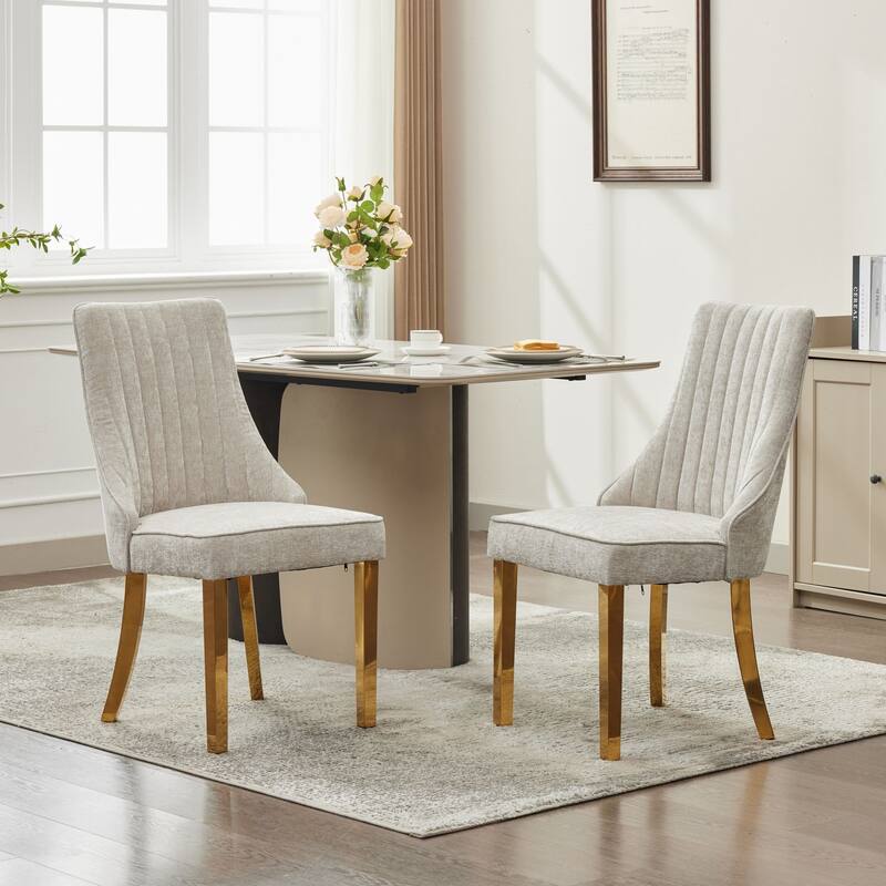 GDF Studio- Rayon Chenille Upholstered Dining Chair with Tufted Back & Golden Metal Base, Set of 2