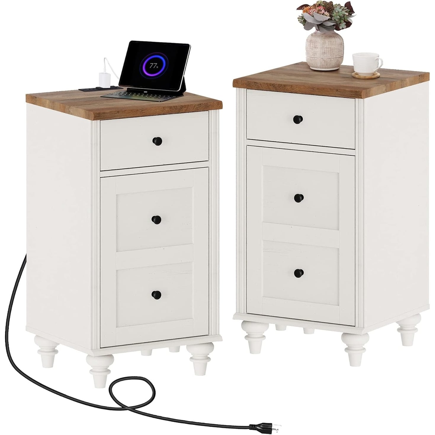 Set of 2 Modern End Tables with Charging Station and Storage Drawers, White Farmhouse Nightstands for Bedroom