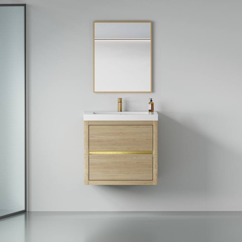 36" Floating Bathroom Vanity with Stone Resin Countertop, Soft Close Drawers, and U-Shaped Drain Design - 23.62in L Wood - 23.62in L Oak Natural Wood + Antique White
