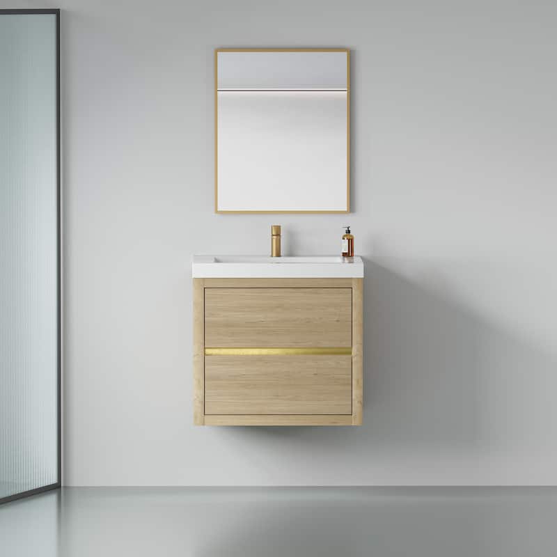 GDFStudio 24" Wall-Mounted Bathroom Vanity with Sink - Oak Natural Wood + Antique White