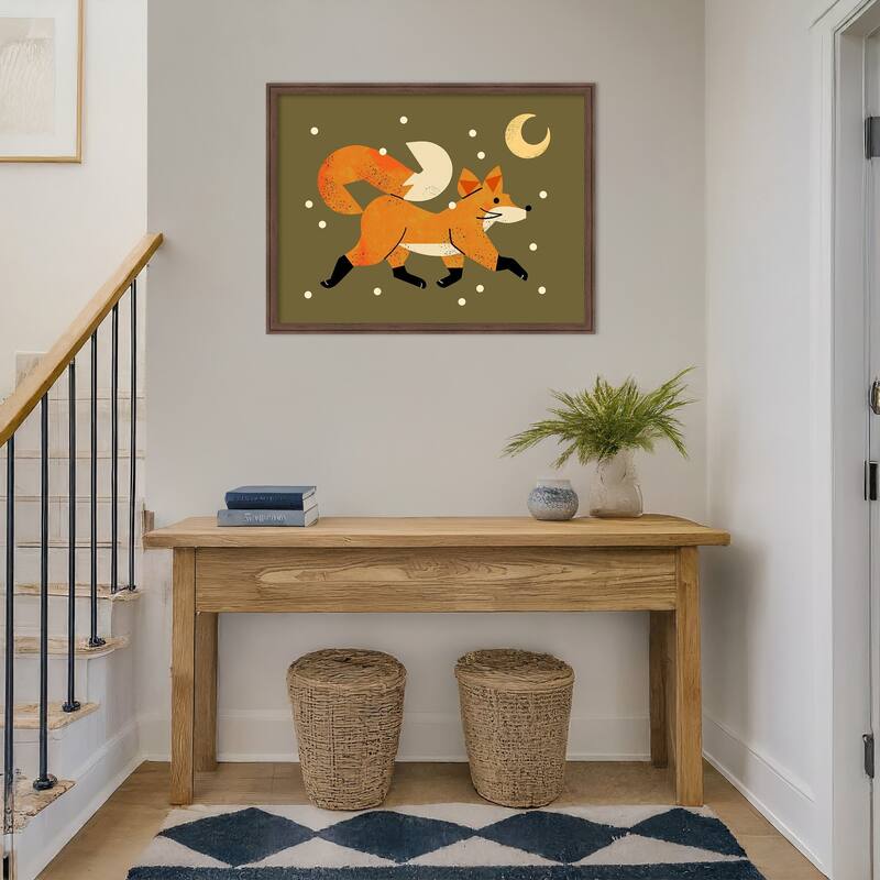 Wandering Winter Fox by Renea l. Thull Wood Framed Wall Art Print - Florence Medium Brown