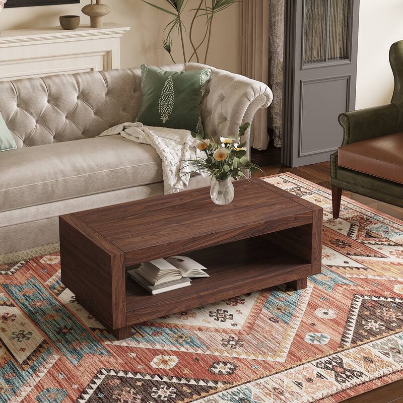 Mid-century Minimalist Rectangular Wooden Coffee Table with Shelf - Walnut