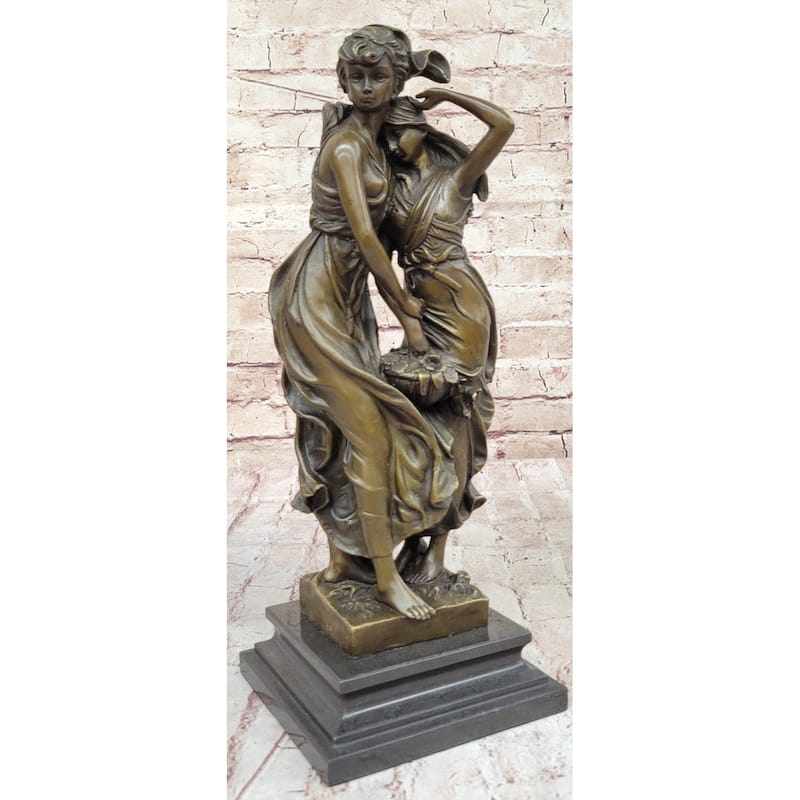 Sisters Embrace Hugging 2 Girls Bronze Statue Sculpture Figure 14 Inches X 5 Inches