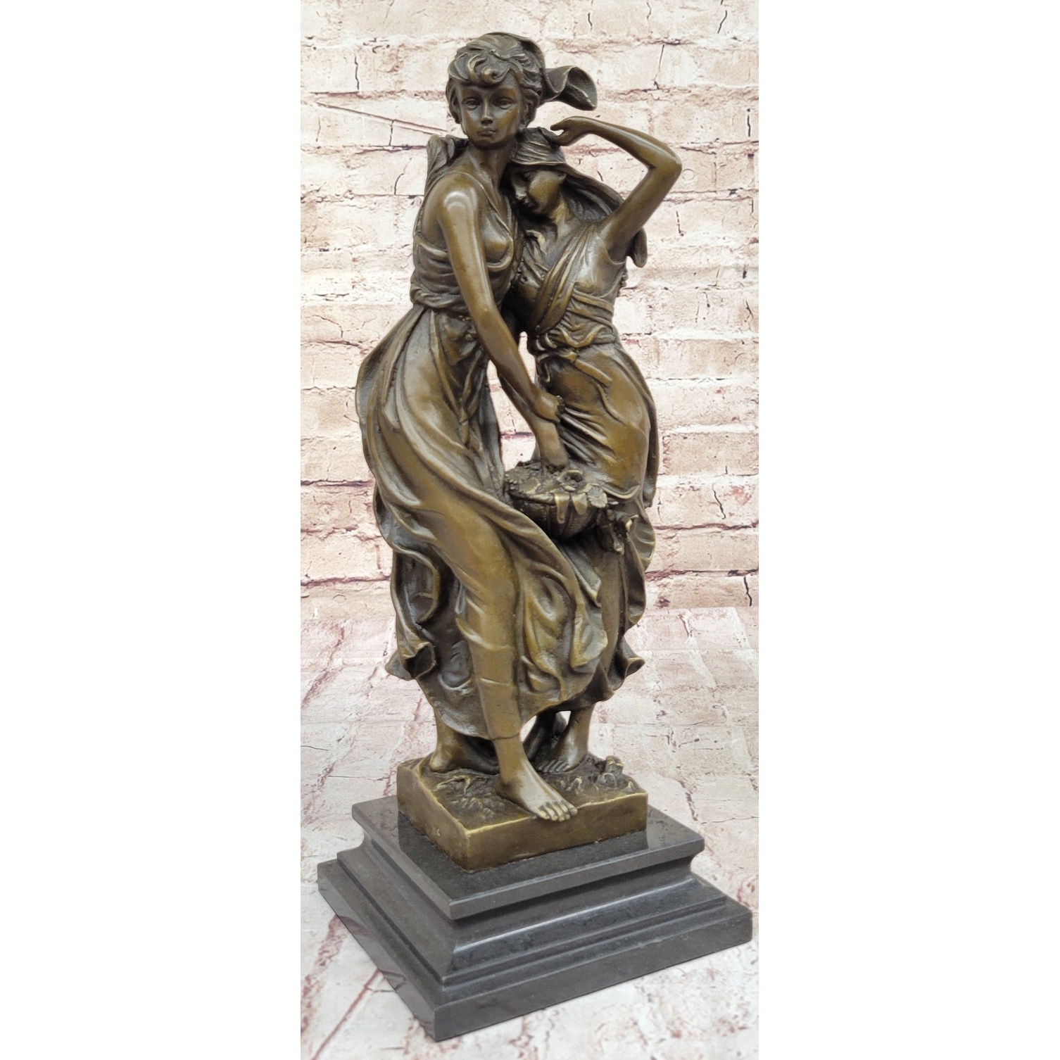 Sisters Embrace Hugging 2 Girls Bronze Statue Sculpture Figure 14 Inches X 5 Inches