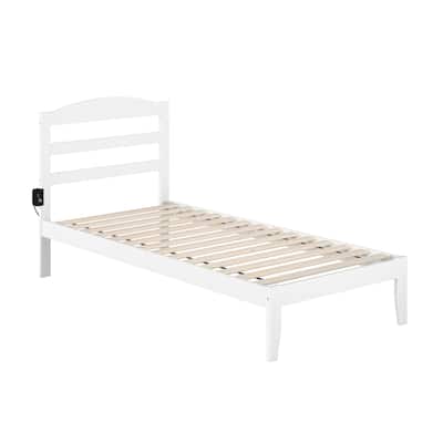 Twin XL Platform Bed - White Wood Bed Frame with USB Charger - No Box Spring Needed - 600lb Capacity