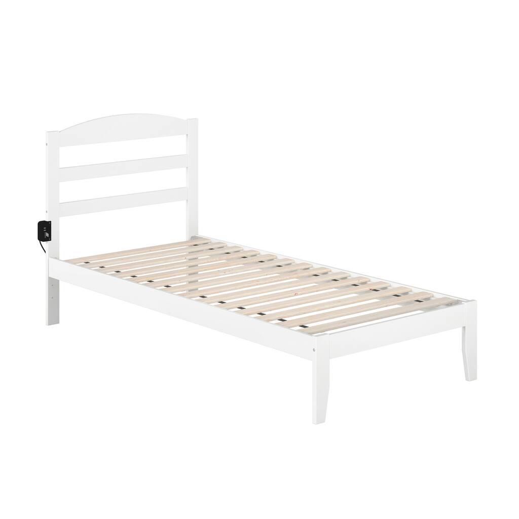 Twin XL Platform Bed - White Wood Bed Frame with USB Charger - No Box Spring Needed - 600lb Capacity
