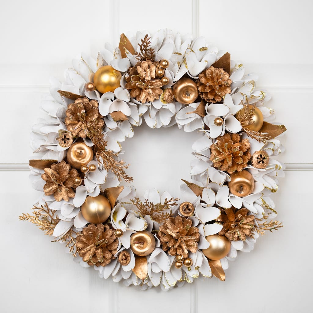 Glittered Wood Petals and Apples Christmas Wreath - 13.5" - Unlit