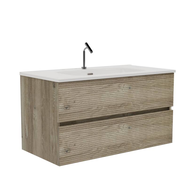 GDFStudio - Gloria Modern Wall-Mounted Floating Bathroom Vanity with Integrated Ceramic Basin & Soft-Close Drawers