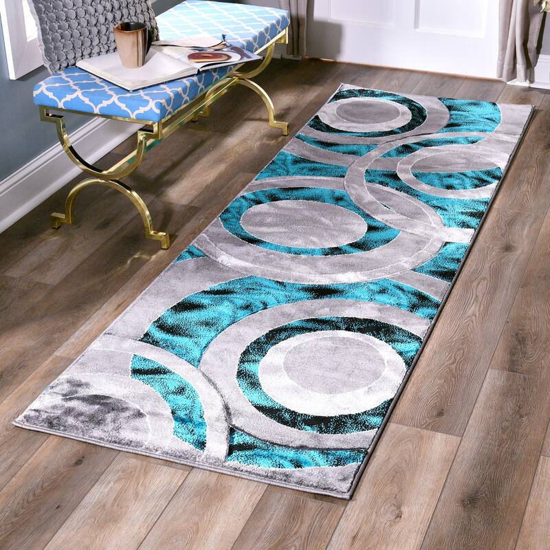 Orelsi Collection Abstract Area Rug - 2'8" x 8'1" Runner Runner - Turquoise/Grey