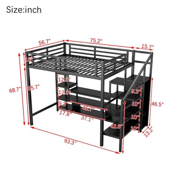 dimension image slide 0 of 2, Loft Bed with Stairs,Metal Loft Bed with TV Stand,LED and Charging Station, Storage Shelves and Wardrobe