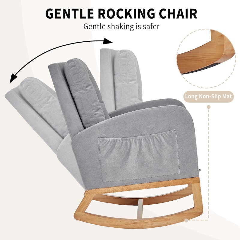 Javlergo Small Space Rocking Chair with Pull-Out Pedals Solid Wood Legs Glider Chair for Nursery with Two Side Storage Pockets