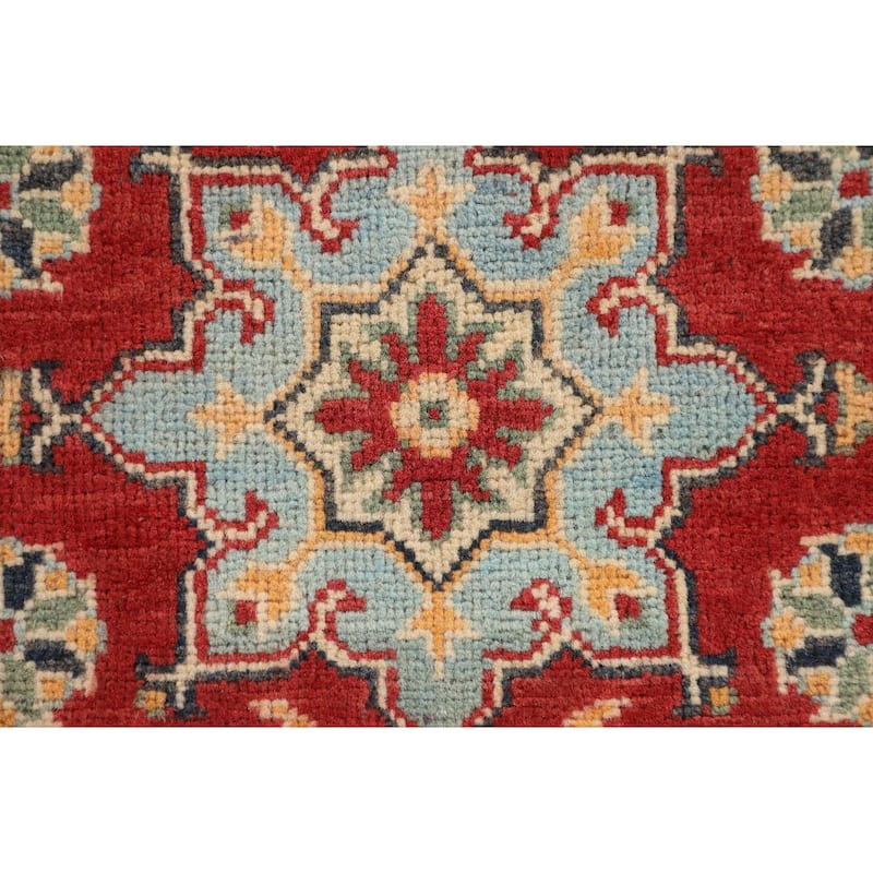 Geometric Red Kazak Runner Rug Hand-Knotted Wool Carpet - 2'1" x 6'0"