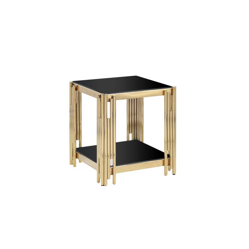 20" Wide Square End Table with Black Glass Top, Golden Stainless Steel Tempered Glass End Table for Living Room&Bed Room