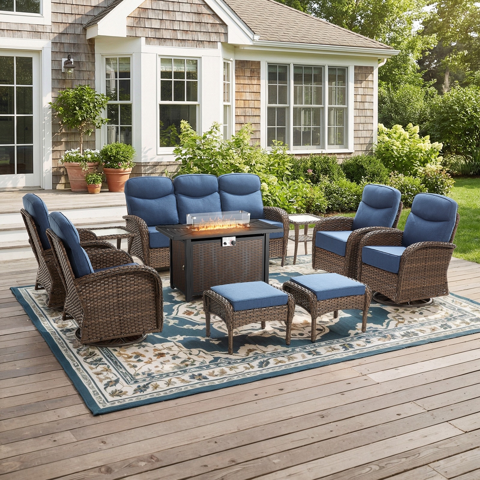 Pocassy Outdoor Sofa Swivel Chair and Ottman with Fire Pit Table