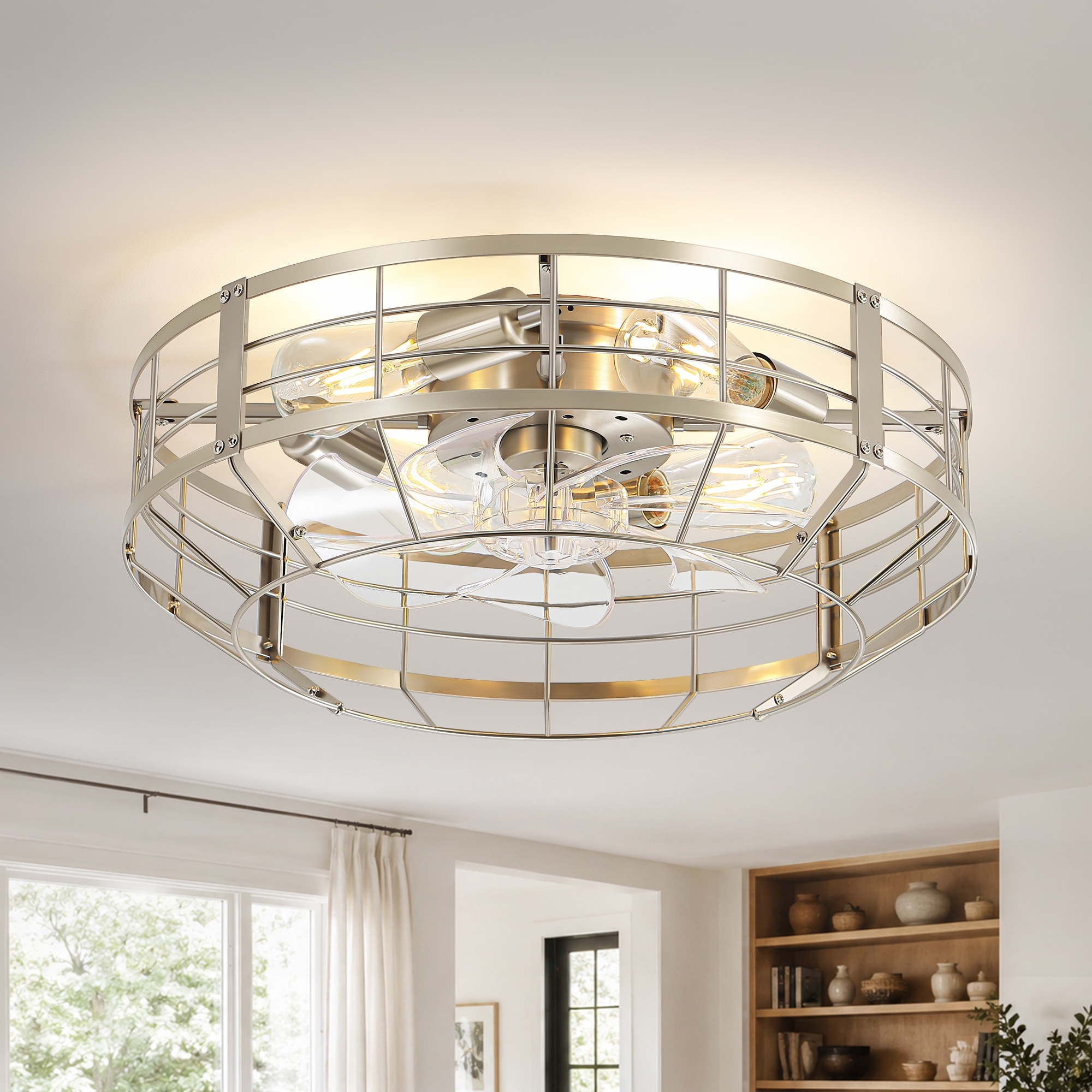 20-Inch Flush Mount Caged Ceiling Fan with Lights, Remote Control, 6-Speed Reversible DC Motor, Satin Nickel Finish - 20 Inch