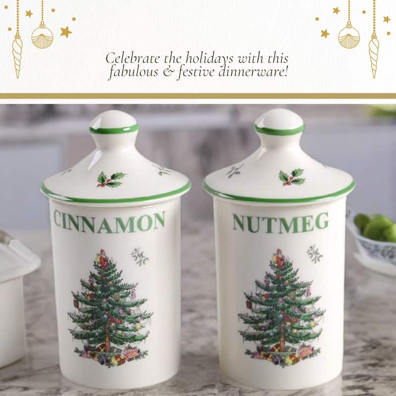 Spode Set of 2 Christmas Tree Spice Jars - 2" D x 4.5" H