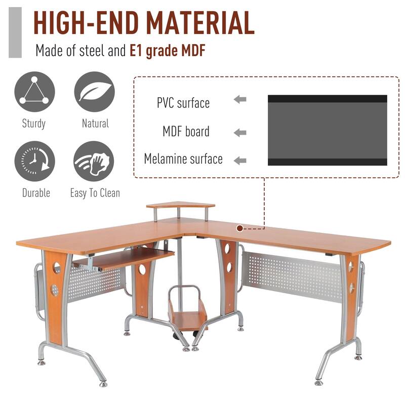 HOMCOM L-Shaped Corner Computer Office Desk Workstation with Elevated Shelf, Rolling Keyboard Tray, & Convenient CPU Stand