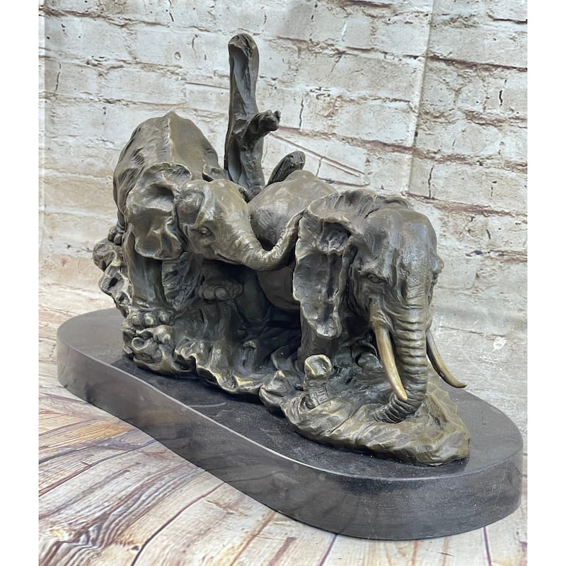 Hot Cast Bronze Sculpture Statue Of Two Imitative Elephants On Marble Base