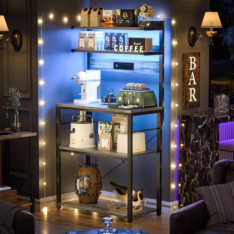 Bakers Rack Kitchen Storage Shelf with Power Outlets and RGB LED Lights,5 Tiers Coffee Bar Station,Microwave Stand - White Oak