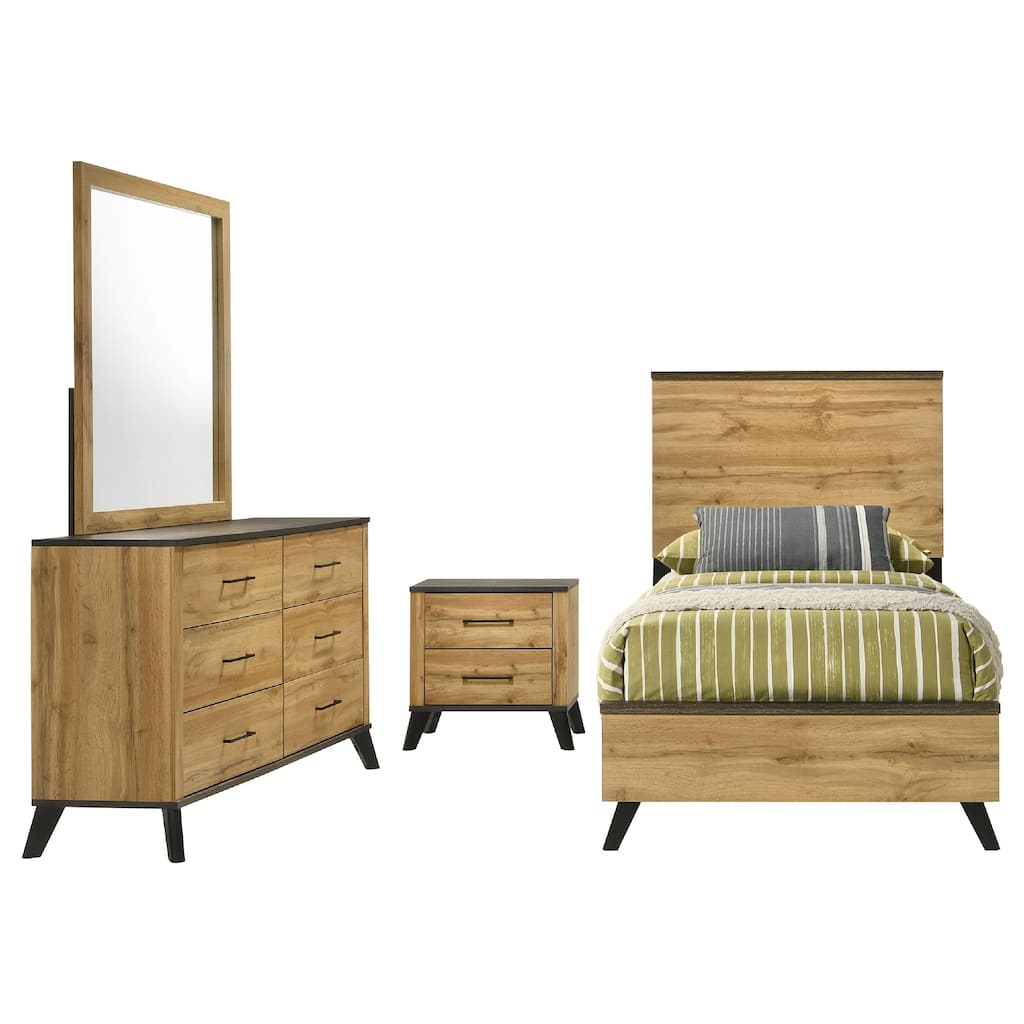 Wemy 4 Piece Twin Size Bed Set, Rustic Brown Pine Wood, Tapered Legs