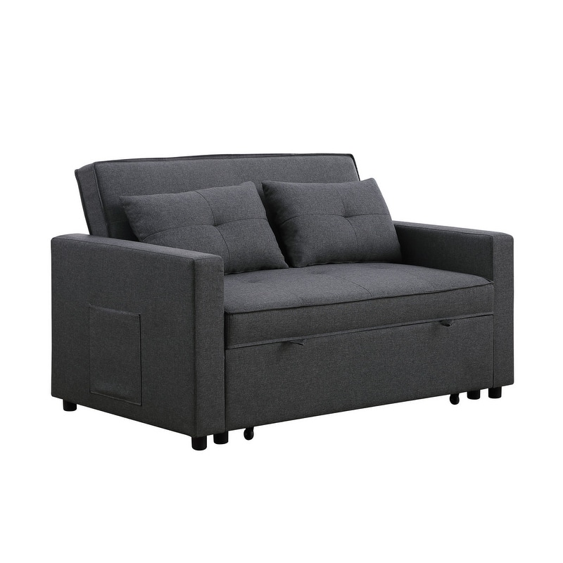 56" Dark Gray Linen Convertible Sleeper Loveseat With Side Pocket