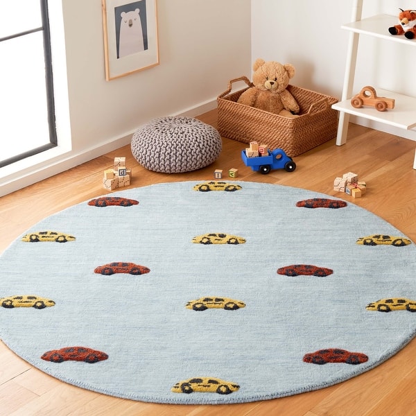 slide 2 of 13, SAFAVIEH Handmade Kids Elisabetha Cars Wool Rug 5' Round - Light Blue/Yellow - Round