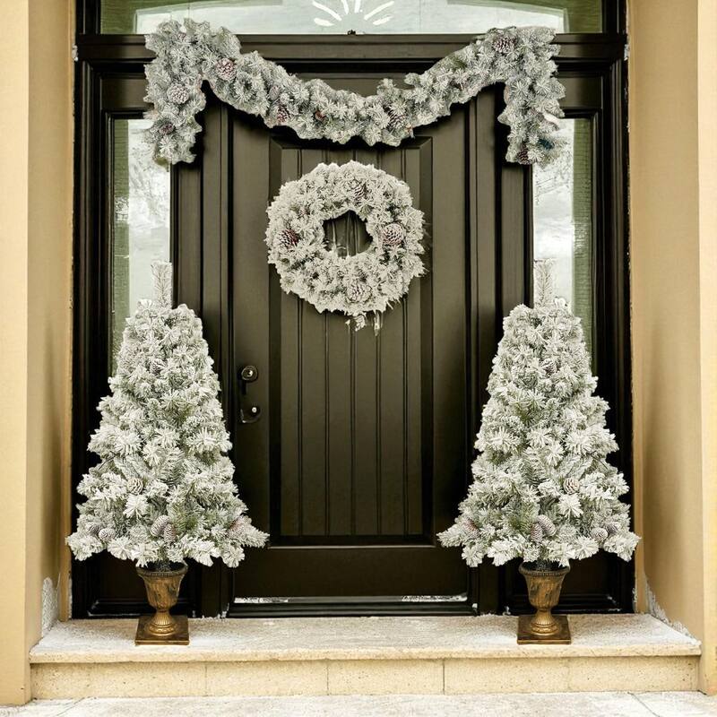 Pre-Lit Christmas 4-Piece Set with LED Lights, Garland, Wreath and 2 Entrance Trees, 325 Lights PVC Holiday Decor - Green
