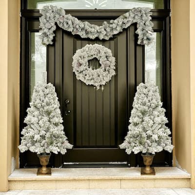 Pre-Lit Christmas 4-Piece Set with LED Lights, Garland, Wreath and 2 Entrance Trees, 325 Lights PVC Holiday Decor