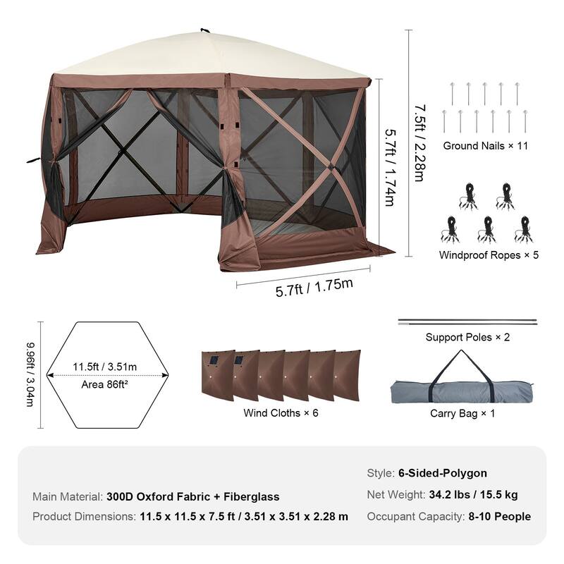 Pop Up Screen Tent 6-Sided Canopy with Privacy Panels & Netting