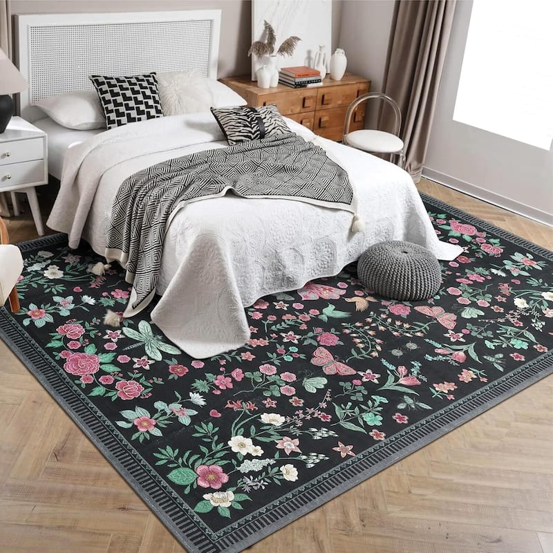 Modern Floral Machine Washable Indoor Waterproof Area Rug for Bedroom, Living Room, Black - 2' x 3' - Black 9*12ft