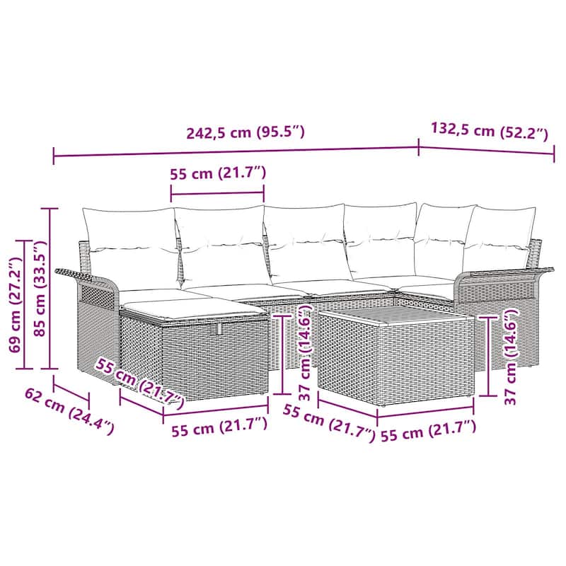 vidaXL 7 Garden Sofa Set with Cushions Black/Grey Poly Rattan - 95.5 x 52.2 x 27.2