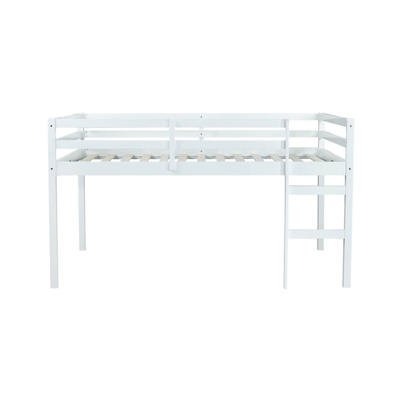 White Full Rubber Wood Loft Bed with Ladder and Storage Space