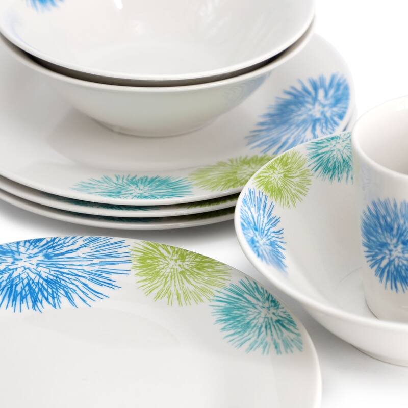 Gibson Home Blue Meadow 12 Piece Fine Ceramic Dinnerware Set in White with Colored Accents