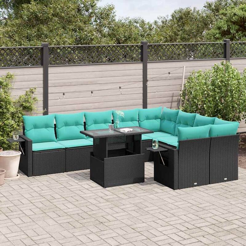 vidaXL 10 Piece Patio Sofa Set with Cushions Black/Gray Poly Rattan - 24.4 x 24.4 x 27.2 - Black