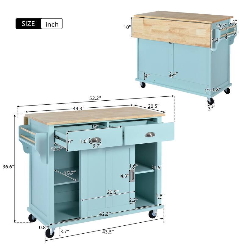 Rolling Kitchen Island with Drop-Leaf Countertop, Adjustable Shelves, 2 Drawers & Sliding Barn Door - Mint Green